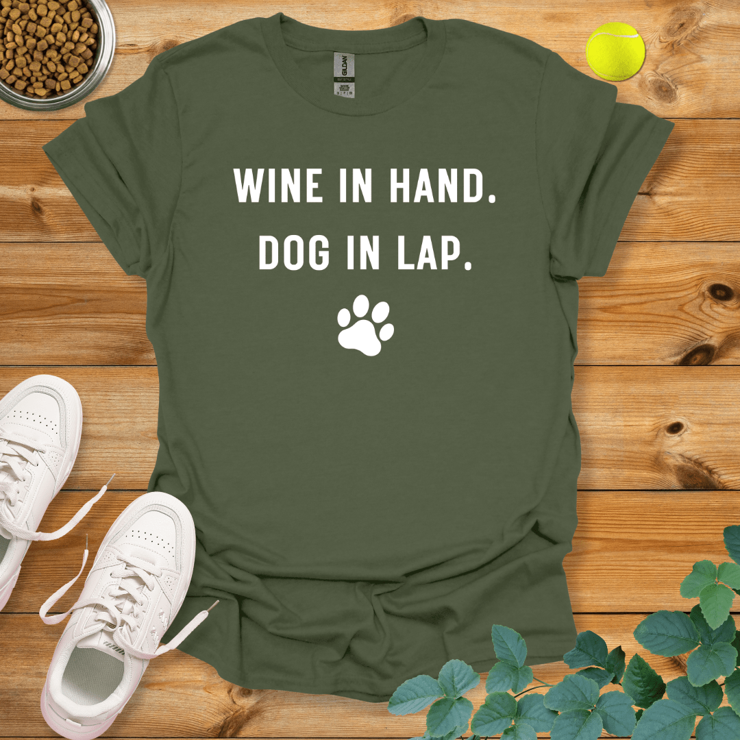 Wine In Hand Dog In Lap T-Shirt Military Green / S